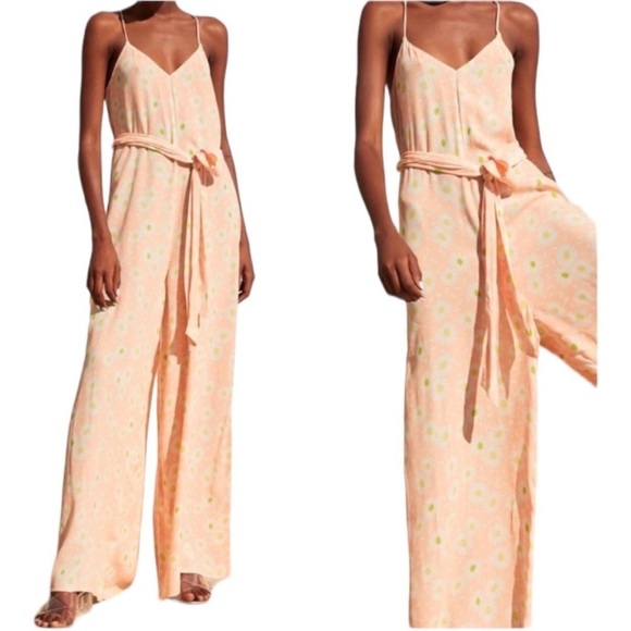 Zara Pants - Zara Daisy Floral Peach/Neon Spaghetti Strap Belted Wide Leg Jumpsuit Size Small